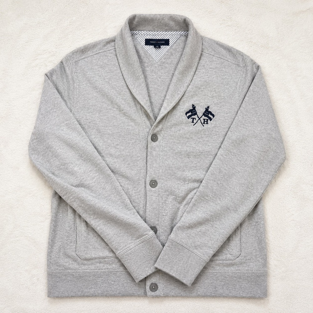 Tommy Hilfiger Shawl Collar Cardigan Sweater Mens Gray Button Front TH Flag Logo